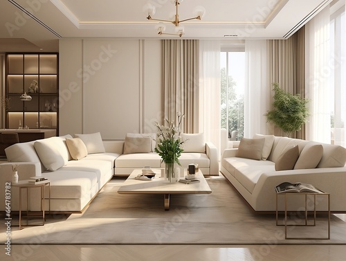 3D rendering of the modern living room with couches and furniture generative ai © tanjidvect