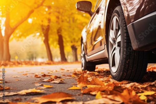 Car on asphalt road on an autumn day at the park. © MstSanta