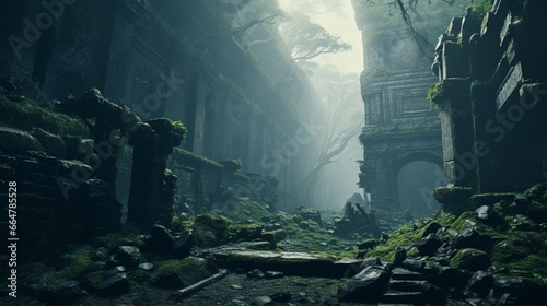 A dense, mist-covered ancient forest with towering trees and hidden ruins from a long-lost civilization.