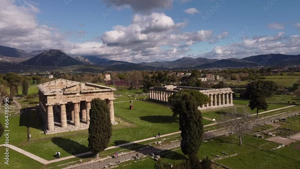 Aerial View Of Well Conserved Greek Temples In Paestum Archaeological Aerial View Of Well Conserved Greek Temples In Paestum Archaeological