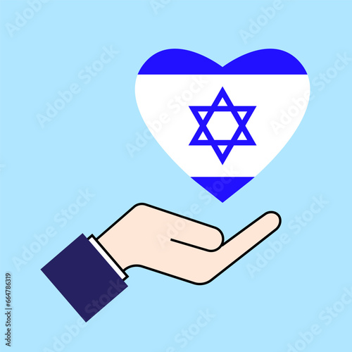 Hand holding Israel Flag Heart icon. Concept No war, Save Israel. 