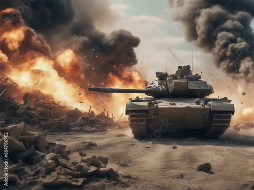 Unleashing Destruction Armored Tank on a Battlefield, Firing a Powerful Shot as Explosions Erupt