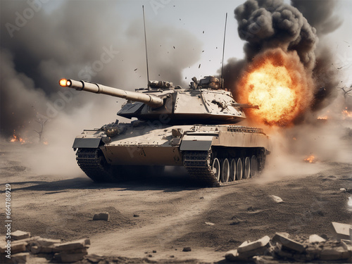 Battlefield Chaos Armored Tank Unleashing a Powerful Shot as Bombs Explode during War
