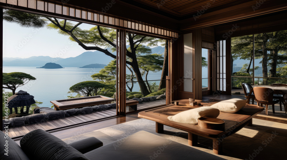 3D render, interior, design concept, Japanese Resort by the Lake Natural background, Retreat and Relax Space. travel and vacation background
