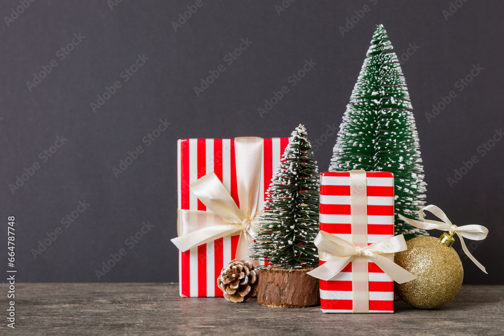 Christmas composition. craft Gift box, small tree, branches and craft DIY decorations on white background. New year concept. Christmas home decoration Flat lay, top view, copy space