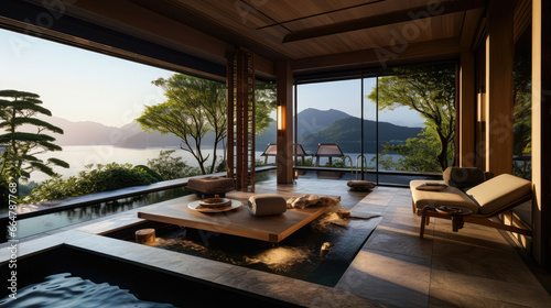 3D render interior design concept, Tranquil Japanese Resort by the Lake Natural background: A Serene Retreat and Relax with private Onsen space. travel and vacation background © Nuchjara