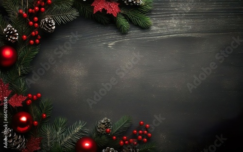 Happy Merry Christmas poster. Decorated pine tree twigs for a wreath on a dark wooden background, copy space at the right. AI Generative