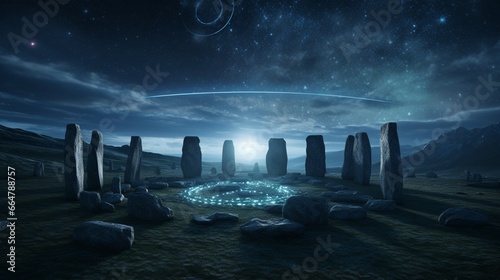 A mysterious, ancient stone circle set against a backdrop of rolling hills and a star-studded night sky.