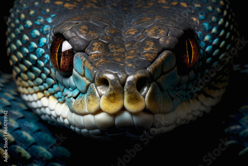 Close-up of calm snake face isolated on dark background