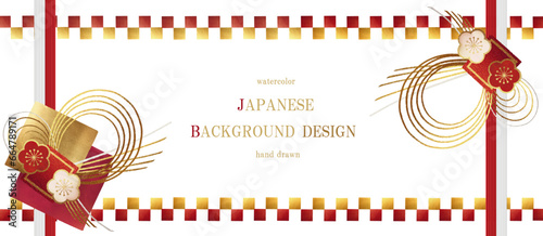 水引き, 年賀状, 和柄, 金箔, 梅, 梅の花, 花, フレーム, 背景, ベクター, イラスト