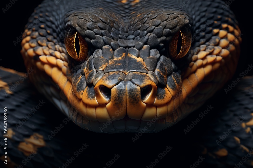 Close-up of calm snake face isolated on dark background - obrazy, fototapety, plakaty 