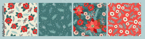 Christmas and Happy New Year seamless patterns. Christmas tree, flowers, berries. New Year symbols. Vector designs