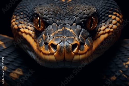 Close-up of calm snake face isolated on dark background photo