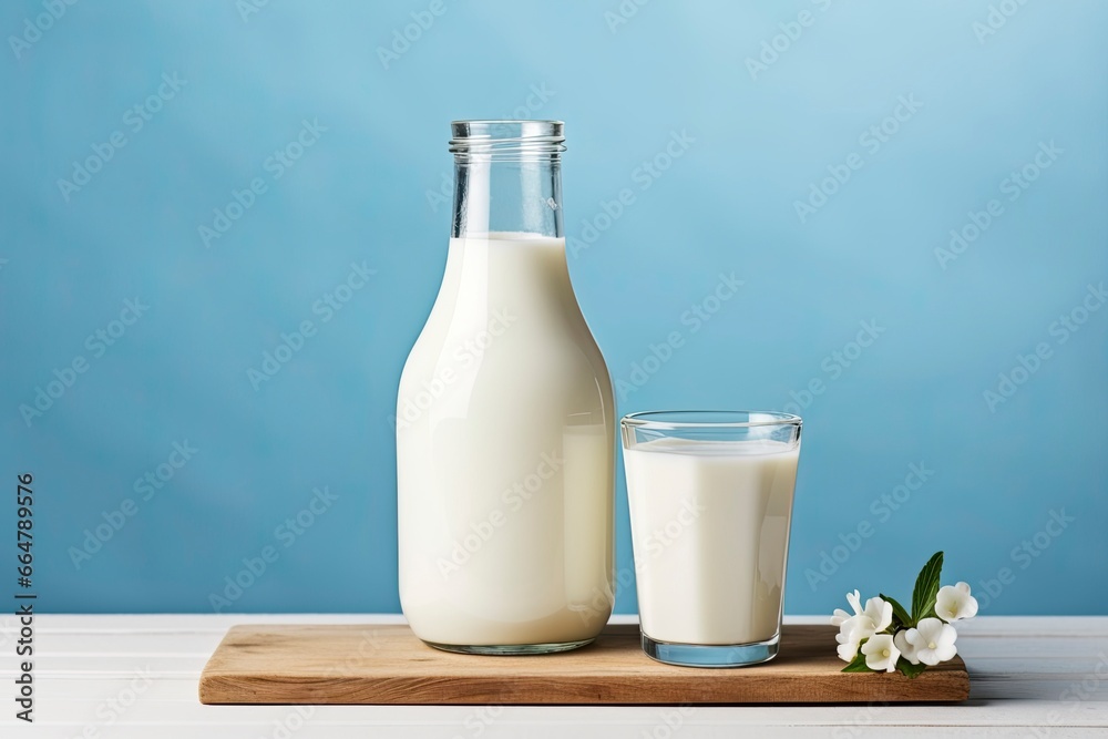 A bottle of milk and a glass of milk on a wooden table on a blue background. A bottle of milk and a glass of milk on a wooden table on a blue background.