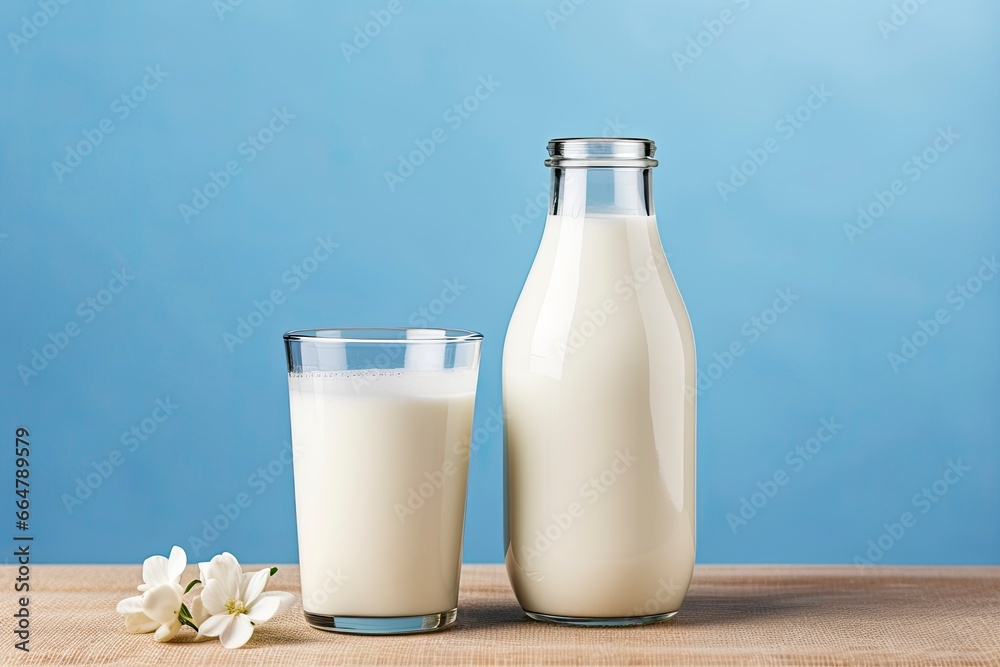 A bottle of milk and a glass of milk on a wooden table on a blue background. A bottle of milk and a glass of milk on a wooden table on a blue background.