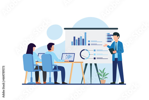 Employees meeting for business training. Businessman presenting charts and reports. Vector illustration for business presentation and education concept