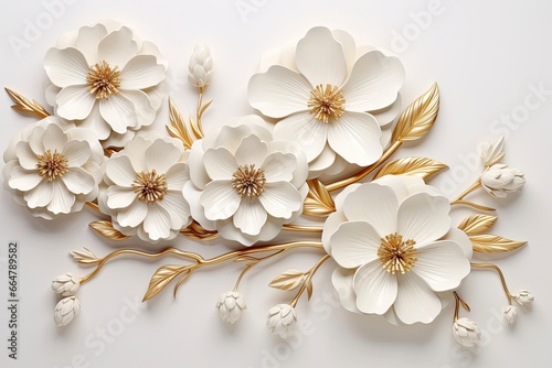 3d gold flowers white backgroung.