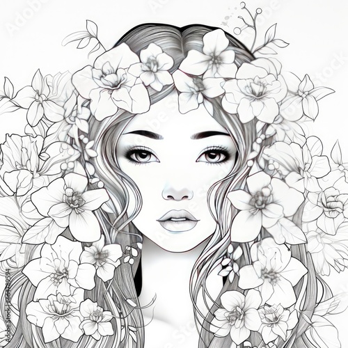 A girl on a coloring book page with Jasmine flowers.