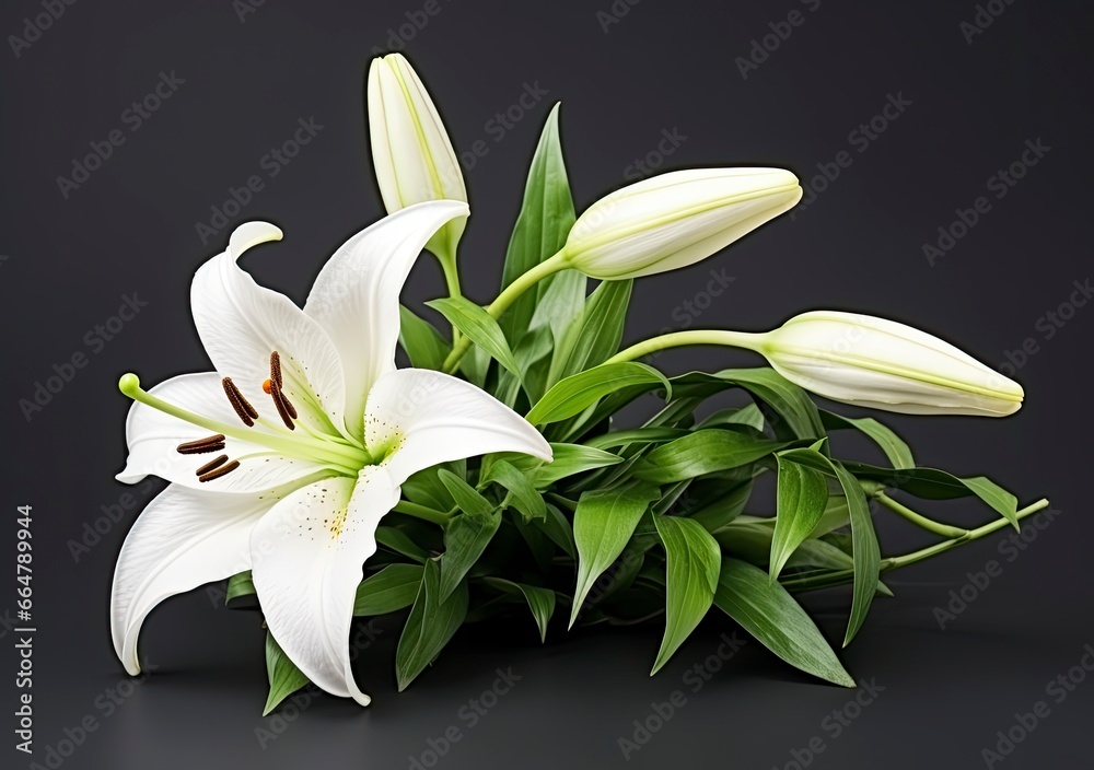 Fototapeta premium Beautiful fresh lily flower with green leaves, isolated on black background. AI Generated
