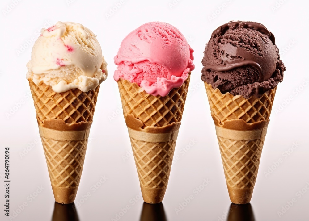 Chocolate, vanilla and strawberry Ice cream in the cone on white background. Chocolate, vanilla and strawberry Ice cream in the cone on white background.