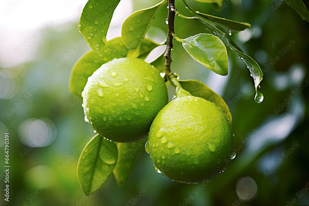 Close up of wet lime on branch.