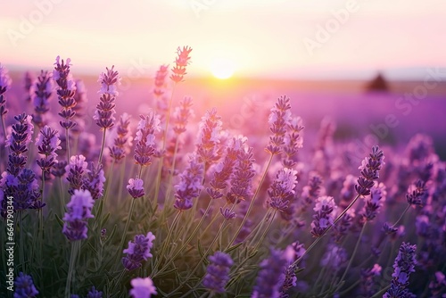 Close up lavender flowers in beautiful field at sunset. © Mehdi