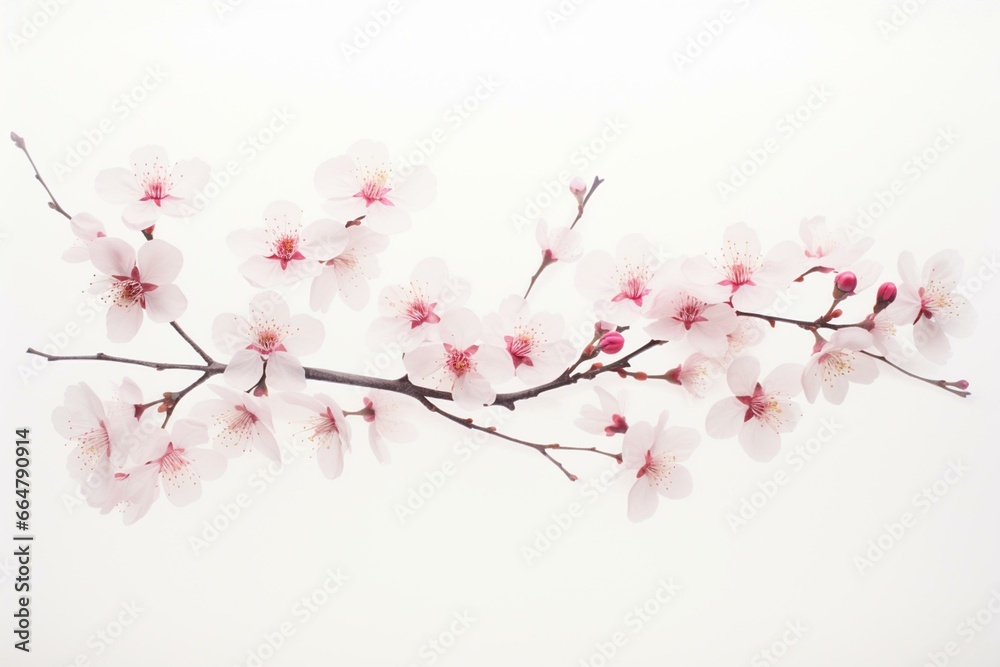 Delicate cherry blossoms forming a serene border, captured in a studio setting against a white background. Generative AI