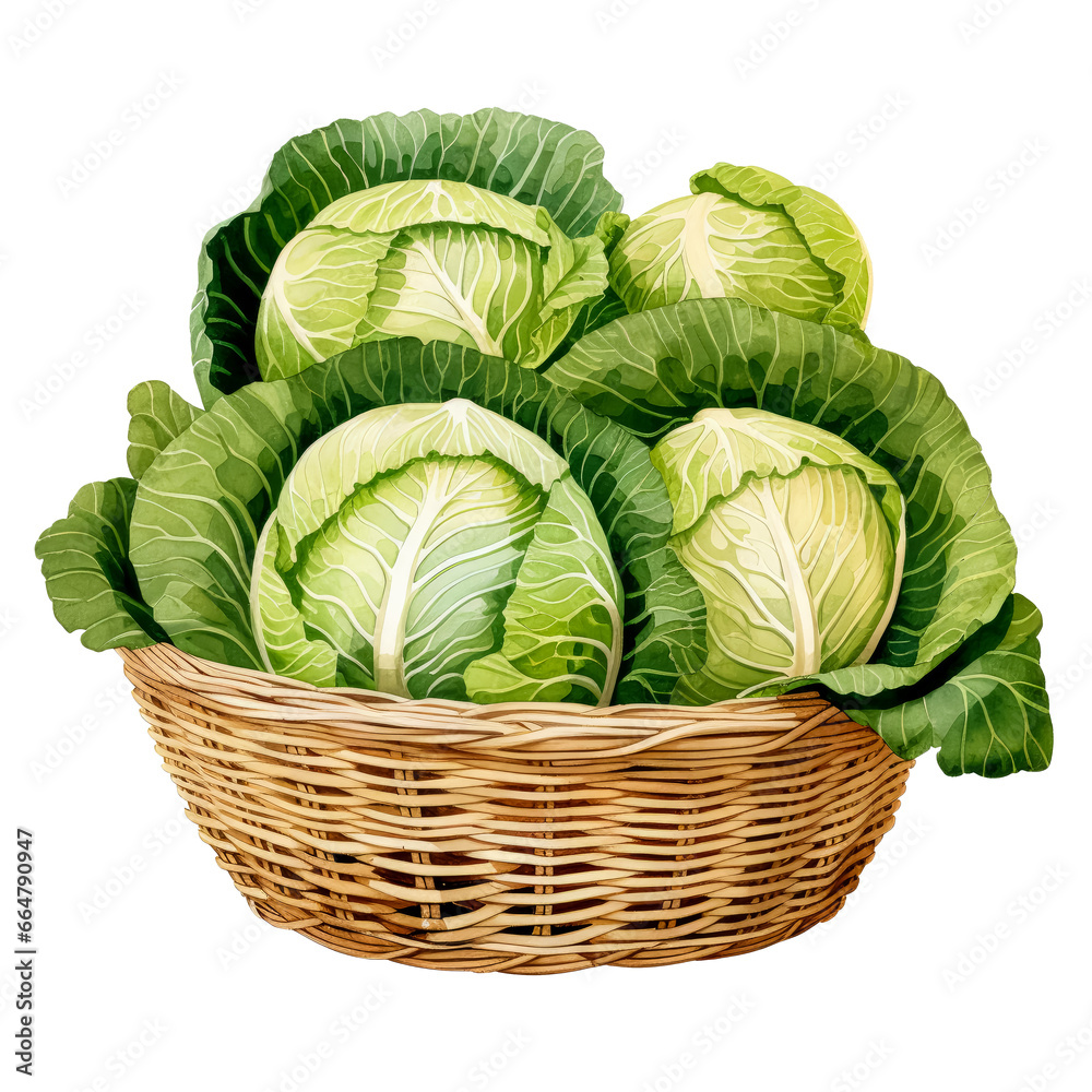 Obraz premium Watercolor Basket Full of Cabbages