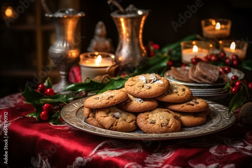 Festive cookies on rustic table. Generative AI
