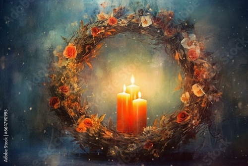 Christmas wreath with lit candles. Christian-themed watercolor backdrop. Generative AI
