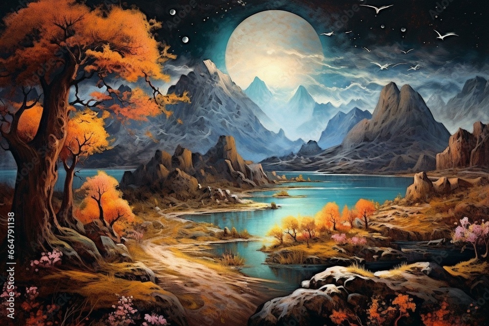 Colorful landscape with mountains, golden trees, and light-dark background. Generative AI