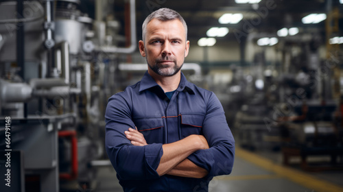 Portrait of a confident engineer that is standing with arms crossed at the modern factory