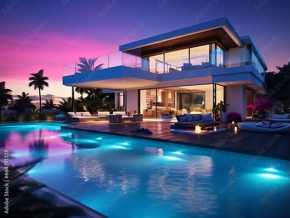 Modern luxury home at sunset night with a 3D swimming pool generative ai