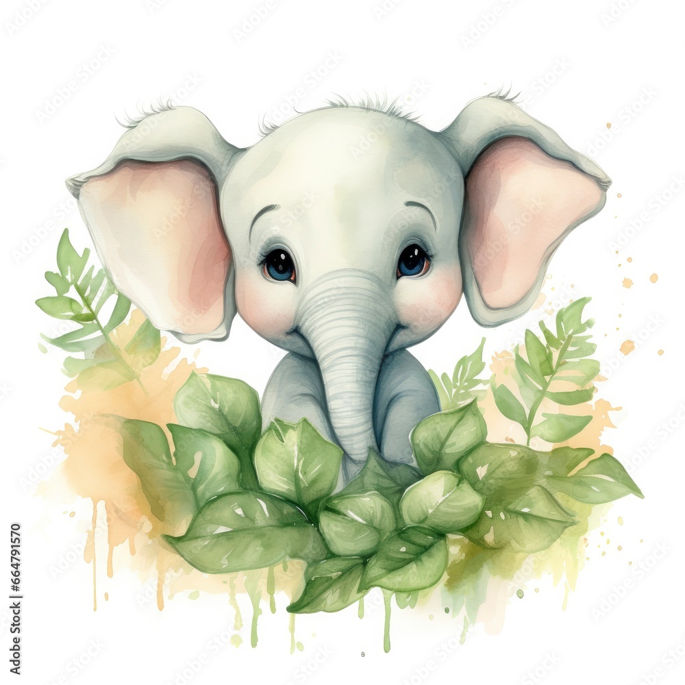 Happy cute baby elephant in green leaves in the watercolor style.