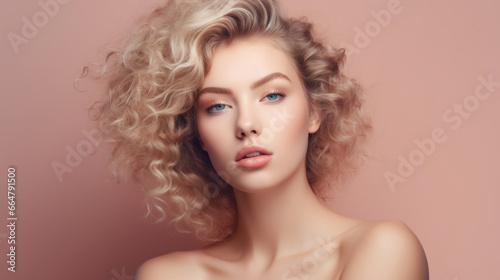 With short hair. Copy space photo portrait of beautiful woman in the studio