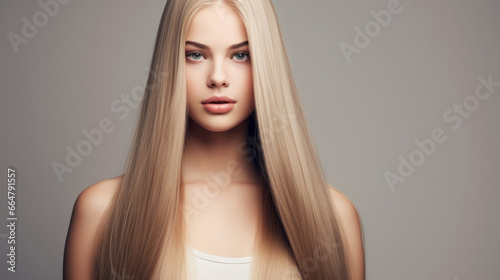Perfect long hair. Copy space photo portrait of beautiful woman in the studio