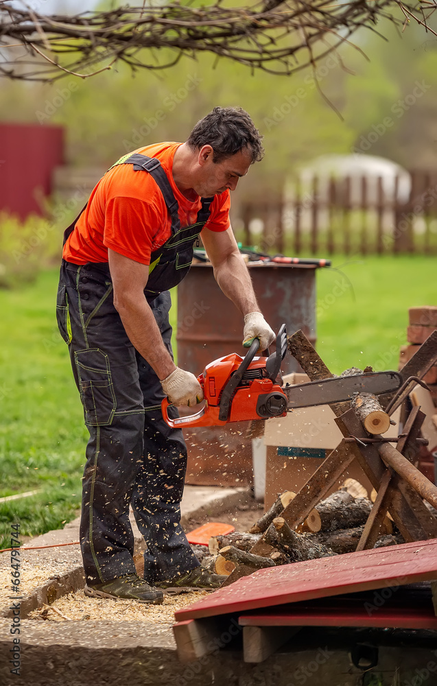 Worker cutting wood with chainsaw