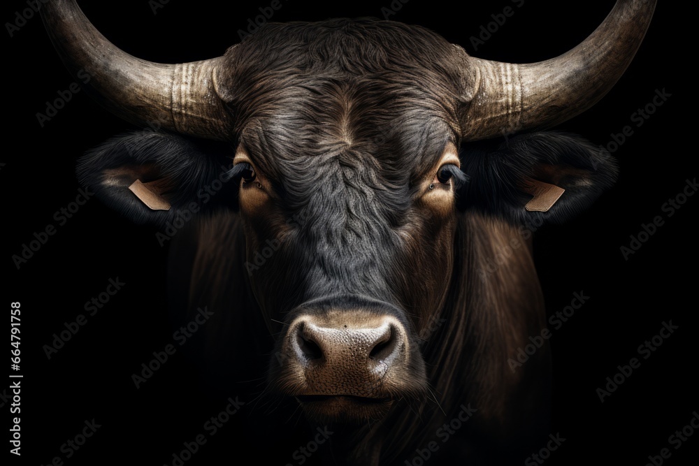 Close-up of calm bull muzzle isolated. Head front view Close-up of calm bull muzzle isolated. Head front view