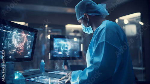 Doctor in blue coat is working in futuristic hospital photo
