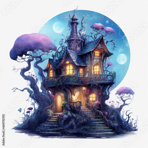 Moonlight dark themed night elf fairytale fantasy fairy house.