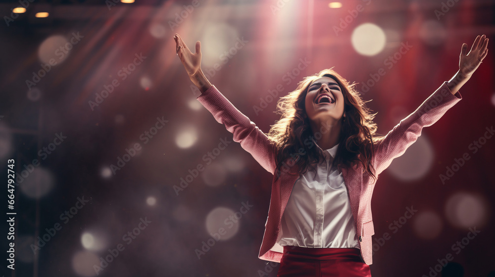 Excited woman, motivational speaker is on the stage - obrazy, fototapety, plakaty 