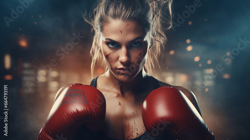 Portrait of woman that is with red boxing gloves, ready to fight photo