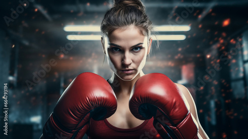 Portrait of woman that is with red boxing gloves, ready to fight