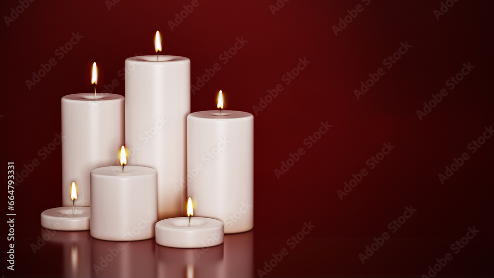 Lit candles in different sizes isolated on red background. 3D illustration Lit candles in different sizes isolated on red background. 3D illustration