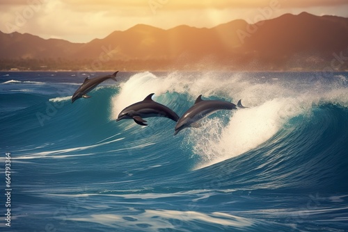 Playful dolphins jumping over breaking waves. Hawaii Pacific Ocean wildlife scenery. © Mehdi