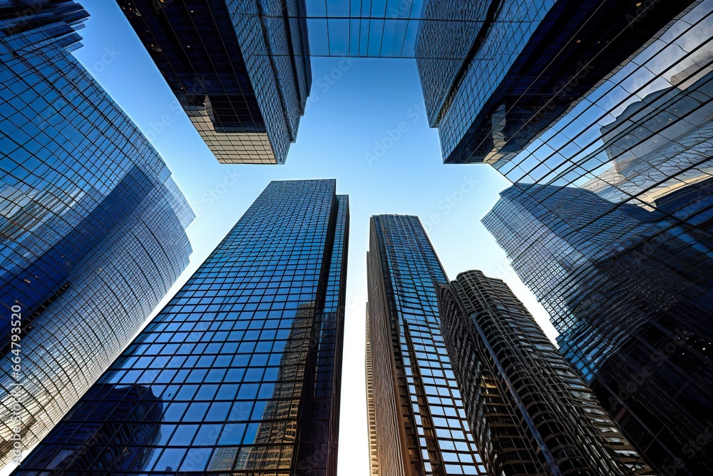 Reflective skyscrapers, business office buildings.