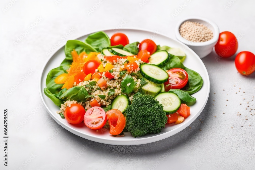 Salad with quinoa, spinach, broccoli, tomatoes, cucumbers and carrots.