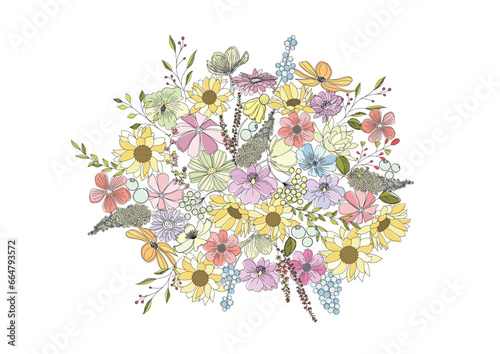 ボタニカル、パステルカラーの色とりどりの美しい花束