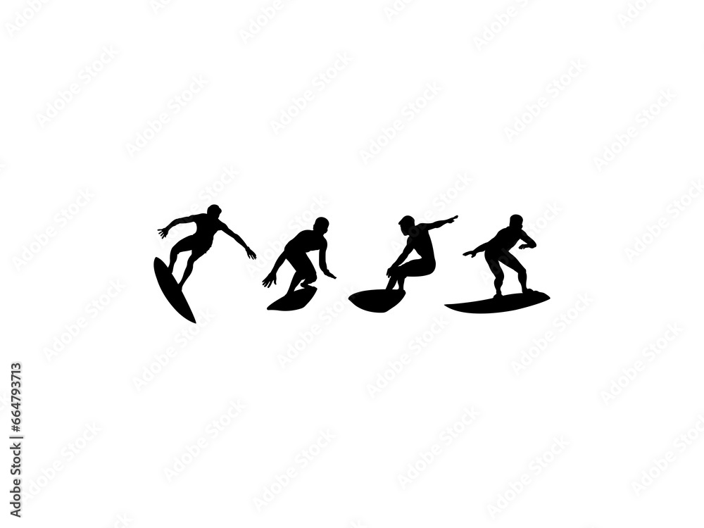 Set of Surf Silhouette in various poses isolated on white background Set of Surf Silhouette in various poses isolated on white background