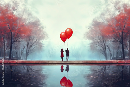 Surreal Back View of a Couple by the Lakeside with Red Balloons Next to Trees with Red Foliage
